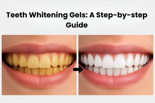 A side-by-side comparison of yellow teeth and white teeth after using teeth whitening kits