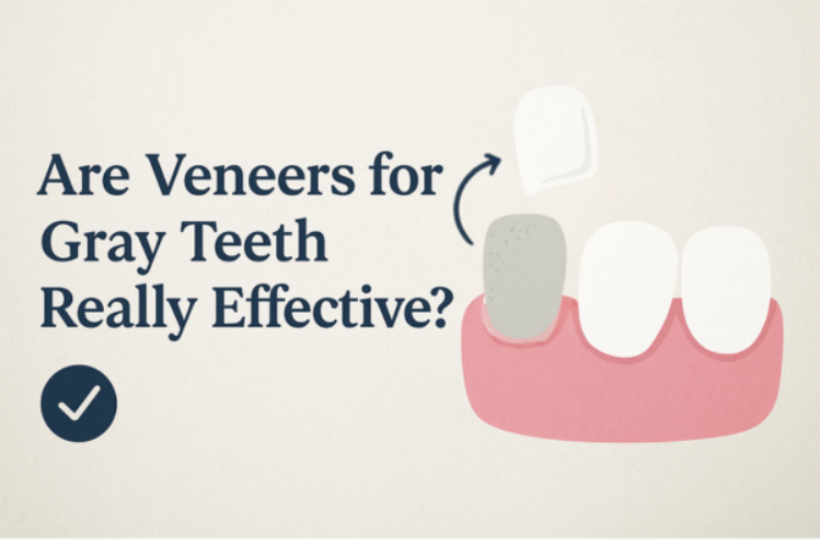 Illustration showing a grey tooth being covered with a dental veneer,