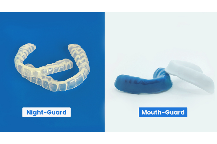 A side-by-side image of night guard vs mouthguard on a blue and white background.