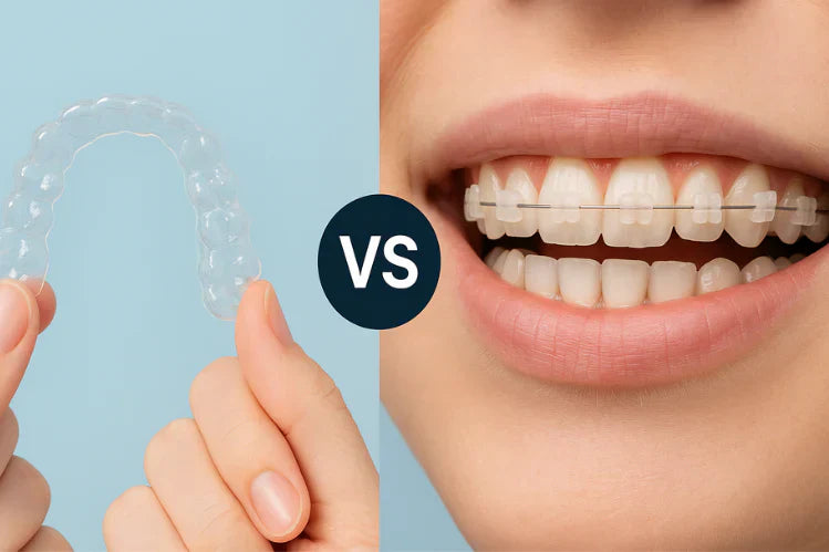 A side-by-side image of clear aligners and ceramic braces