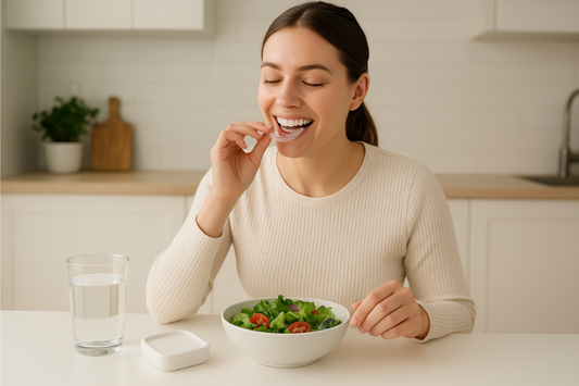 Young woman removing clear aligners before eating a healthy meal