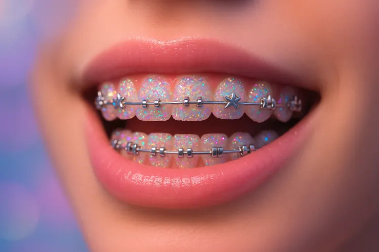 Glittery and sparkling fake braces on the teeth of a girl.
