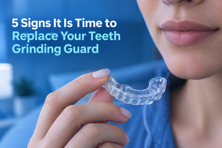 Woman holding a clear teeth grinding guard near her mouth