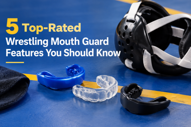 Wrestling headgear and mouth guards on a wrestling mat