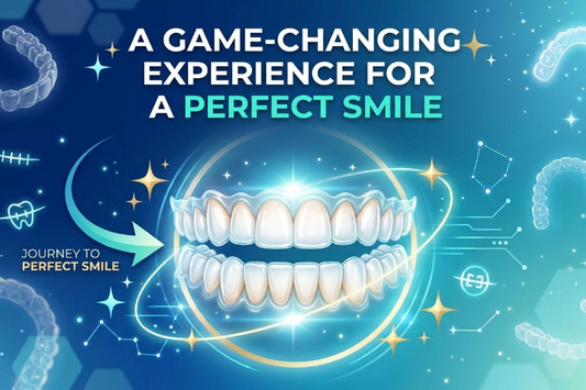 Bright white smile with ALIGNERCO clear aligners on a blue background
