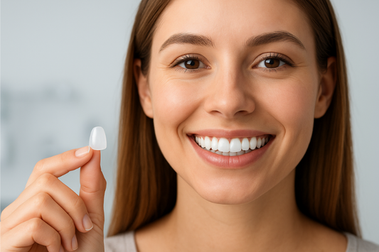 A girl is holding a no-prep veneer