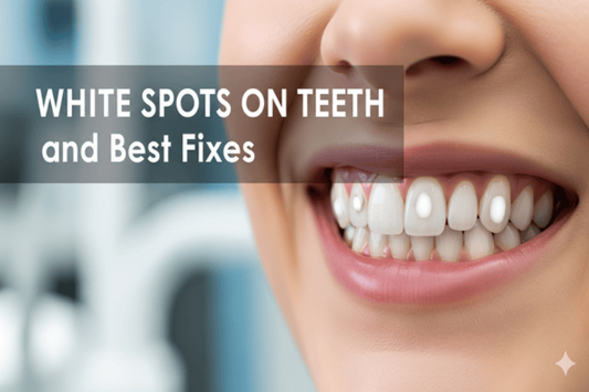 A person smiling, showing white spots on teeth