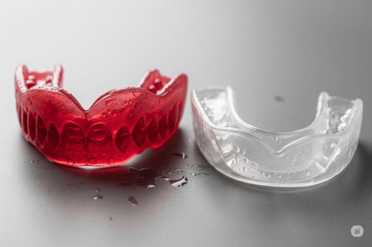 A specialized boxing mouth guard (red) and a multi-sport mouth guard (clear)