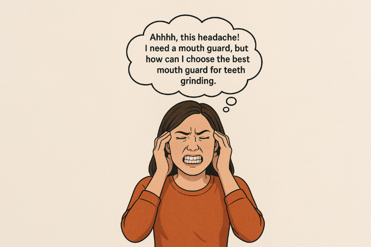 A woman clenching her teeth and suffering from a headache, thinking “how can I choose the best mouth guard for teeth grinding?”.