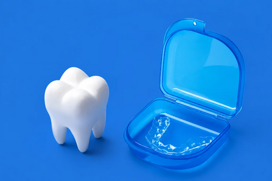 Tooth model beside a night guard in a blue case