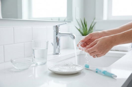 Hands rinsing a clear aligner under a bathroom tap