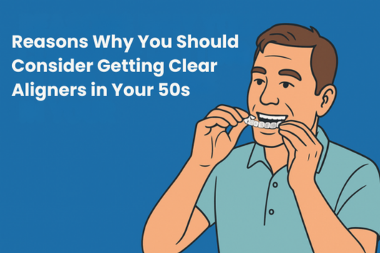 An illustration of an older adult man putting on aligners