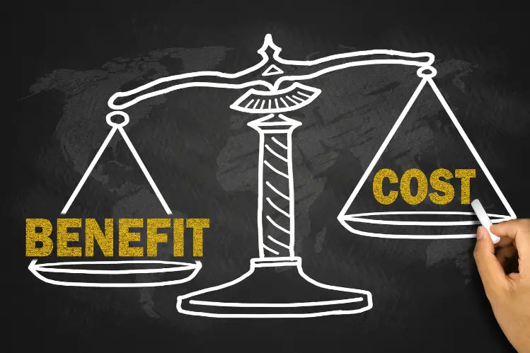 An image of a balance scale weighing cost and benefit