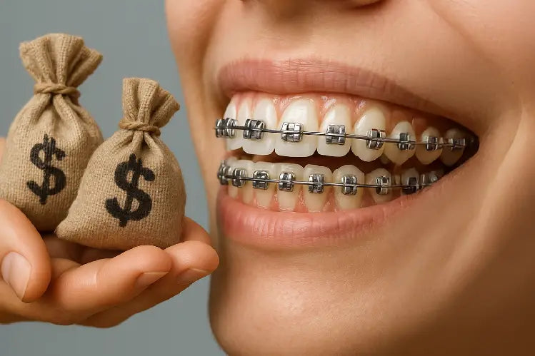 An image of braces on teeth and two money bags representing how expensive braces can be.