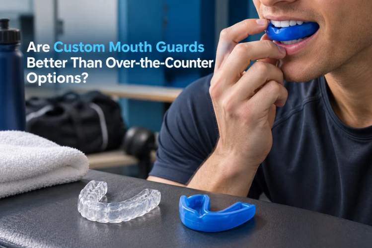 Man fitting a blue custom mouth guard beside an over-the-counter guard