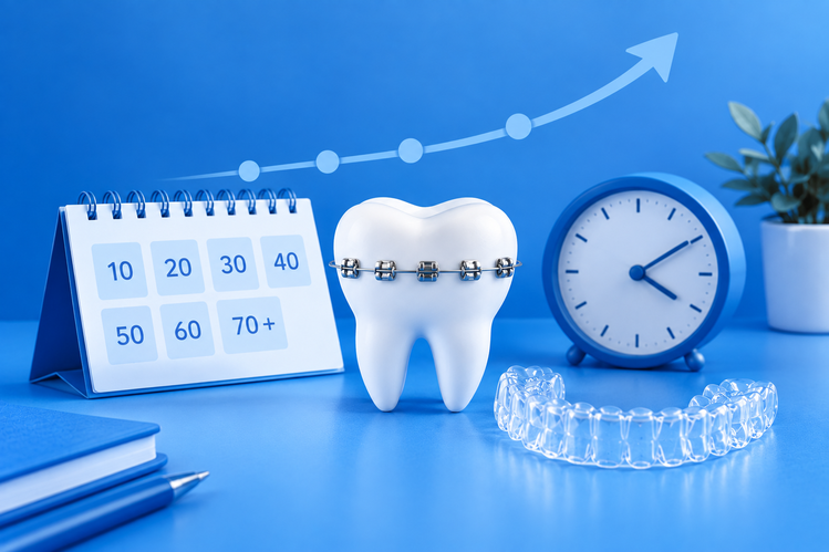Tooth model with calendar, clock and clear aligner showing teeth straightening age