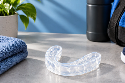 Clear mouthguard on a bathroom counter beside a water bottle
