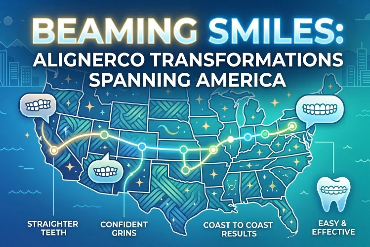 ALIGNERCO smile transformations shown across a map of America