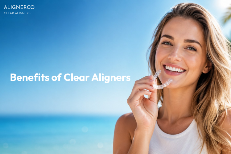 A girl smiling while holding aligners with title benefits of clear aligners