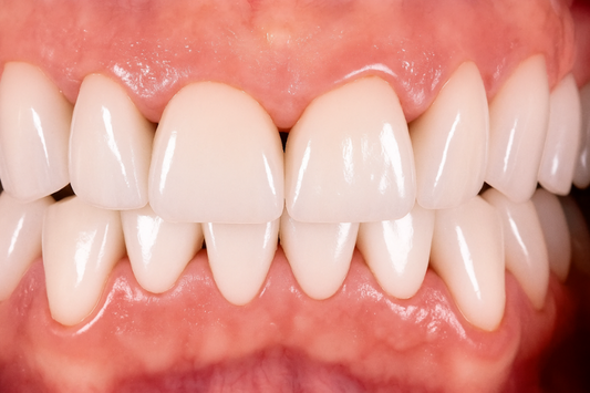 A close-up of what black triangles between teeth look like.