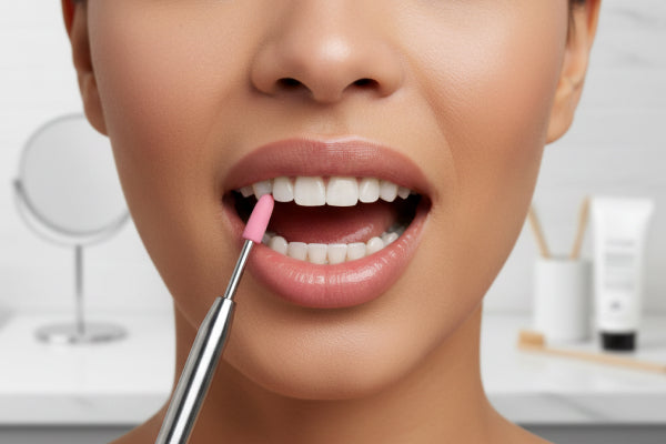 A woman using a gum stimulator