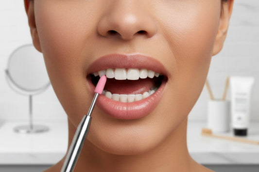 A woman using a gum stimulator