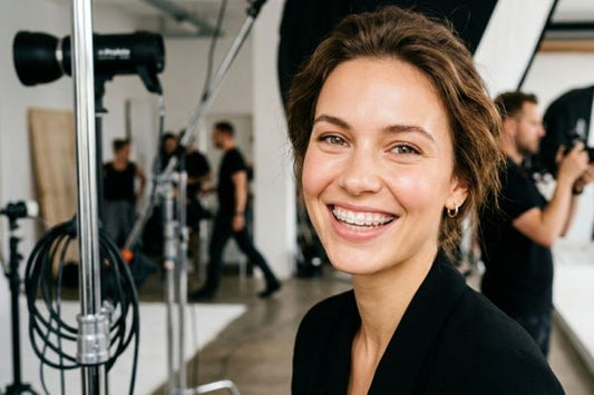 Close-up portrait of a smiling professional model with braces in a photoshoot set.