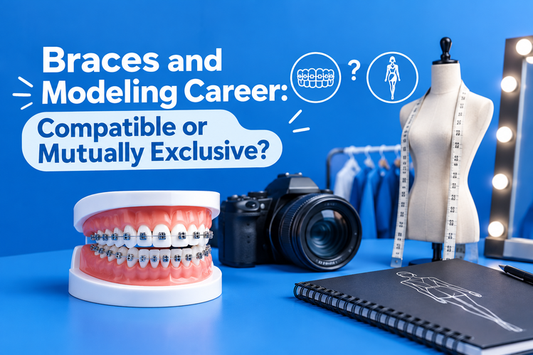 Dental model with braces beside a camera, mannequin and lights for modeling