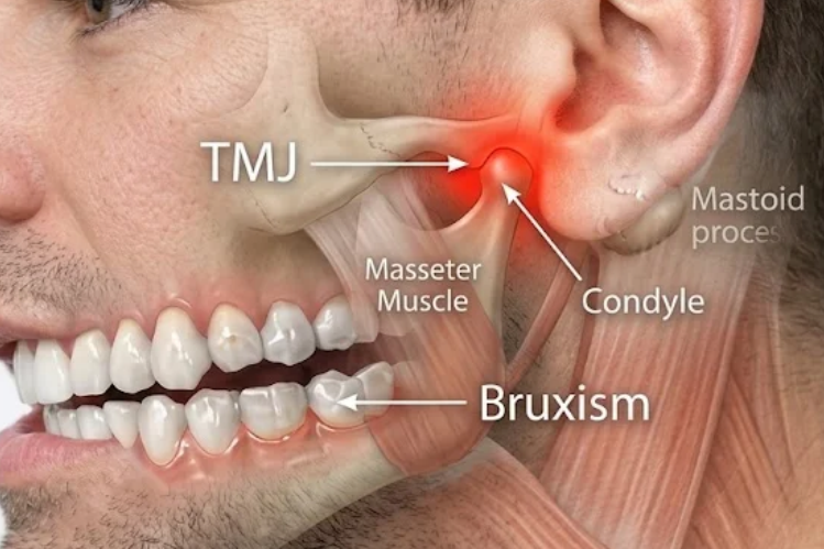 Illustration showing the TMJ joint and bruxism area on a man's jaw