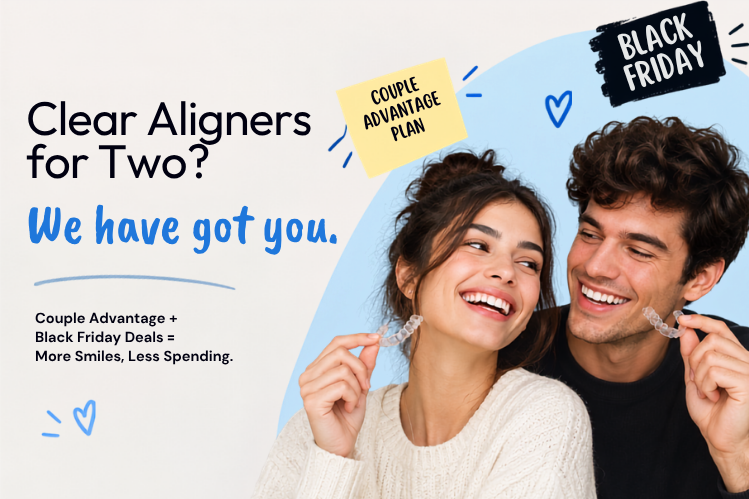 Couple smiling while holding clear aligners for ALIGNERCO’s Couple Advantage and Black Friday deals.
