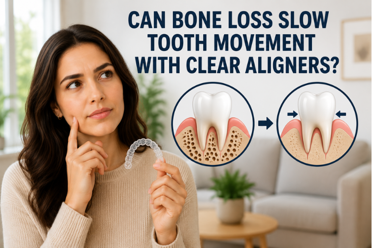 A girl holding clear aligners pondering “Can bone loss slow teeth movement?