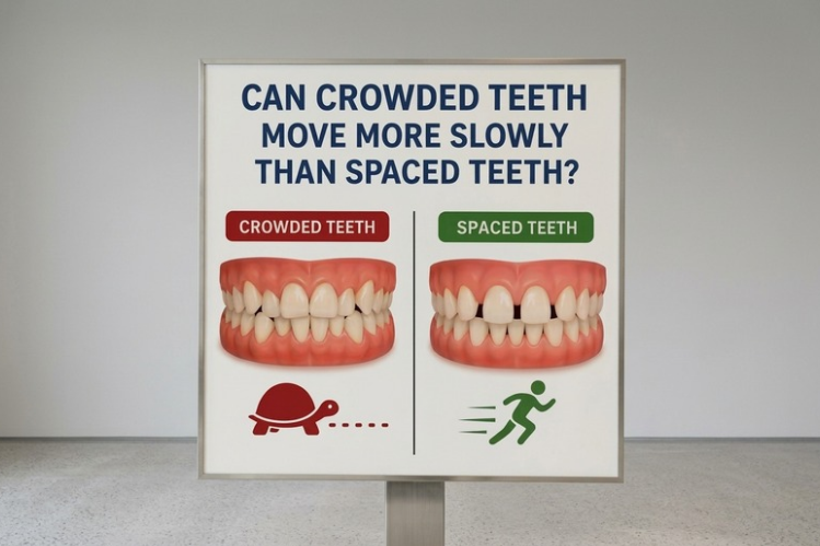 Sign comparing crowded and spaced teeth movement with clear aligners