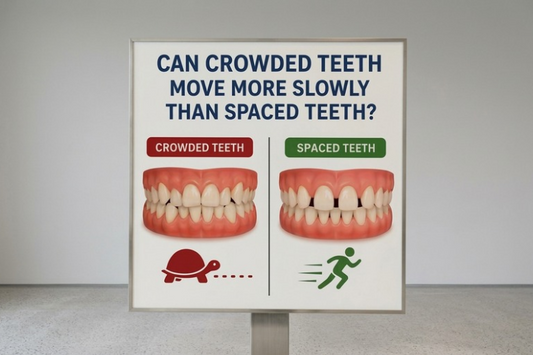 Sign comparing crowded and spaced teeth movement with clear aligners