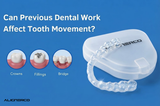 Clear aligner with crown, filling and bridge icons on blue background