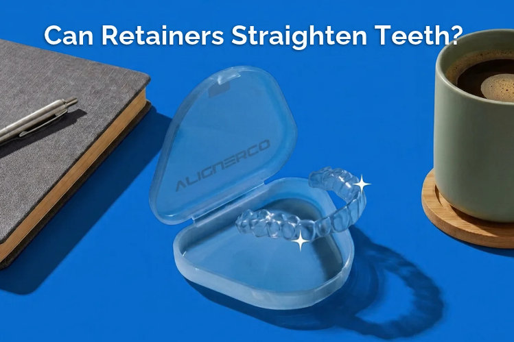 ALIGNERCO retainer case and clear retainer on a blue desk