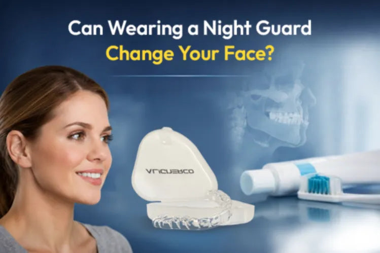 A woman with a night guard and the title “Can Wearing a Night Guard Change Your Face?” highlighting jaw and facial muscle effects.