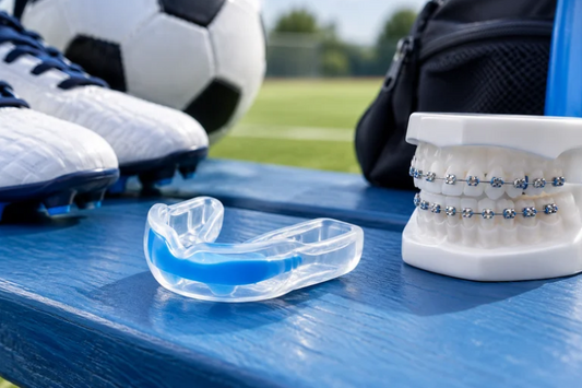 Clear sports mouth guard beside a braces model and soccer gear