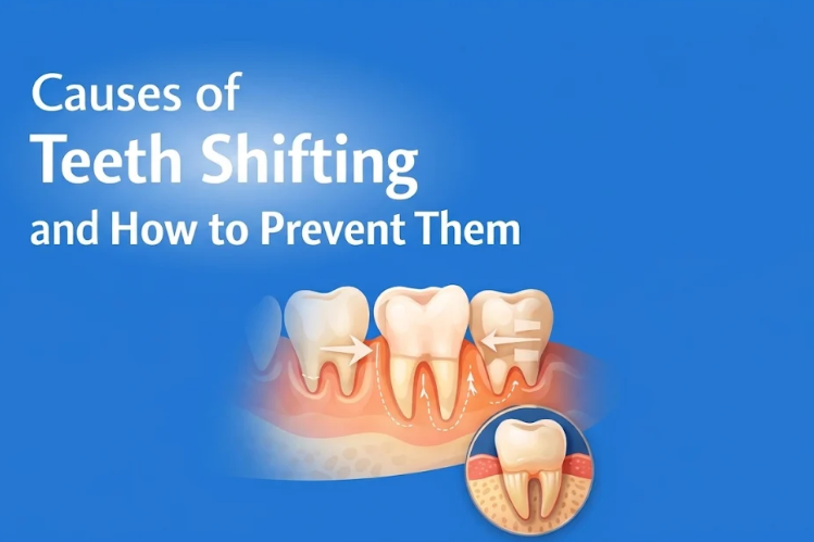 Illustration of shifting teeth and gums on a blue background