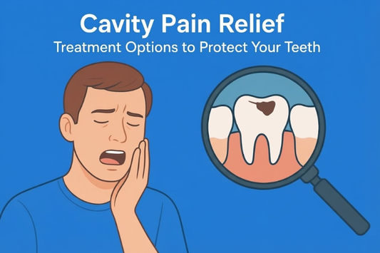 Illustrated man with toothache beside a magnified tooth cavity