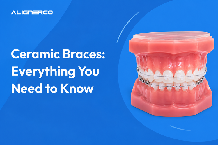Dental model fitted with ceramic braces on a blue background