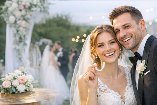 Una pareja de recién casados ​​sonriendo mientras sostienen un alineador.