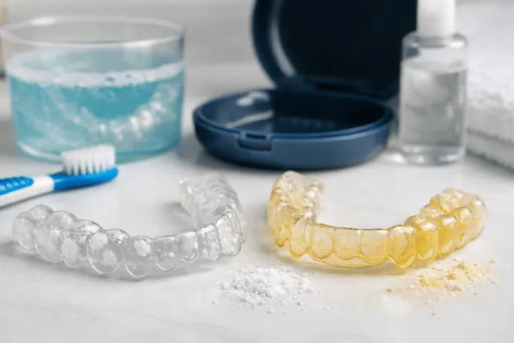 Two stained retainers and a toothbrush