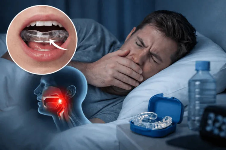  A man gagging because of a night guard.