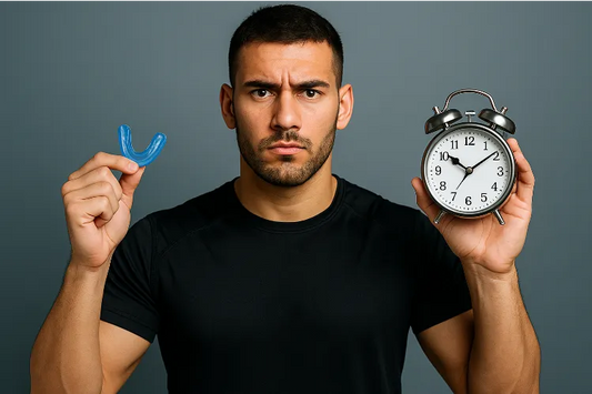 An athlete holding a mouthguard in one hand and a clock in the other hand to represent the wear time of a mouth guard