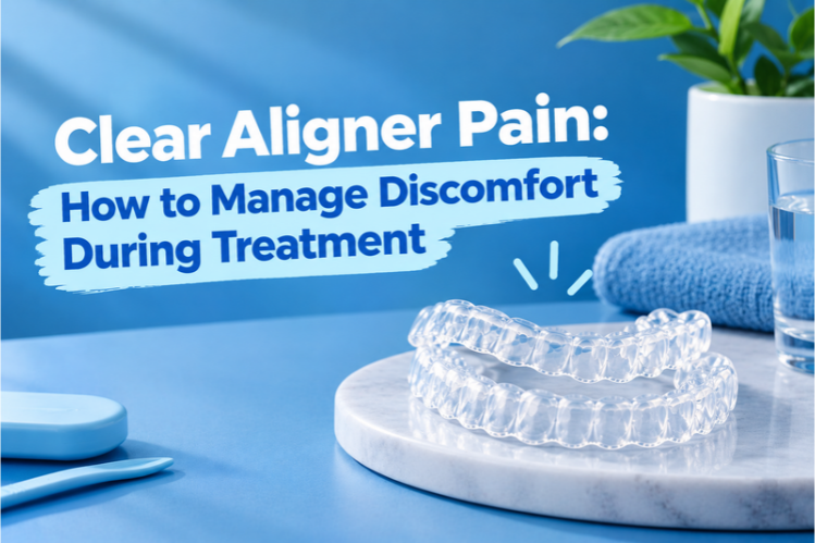 Clear aligners on a marble tray beside a blue towel and plant