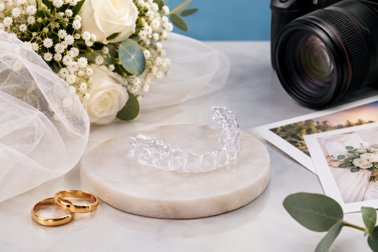 Clear aligners with wedding rings, flowers and a camera