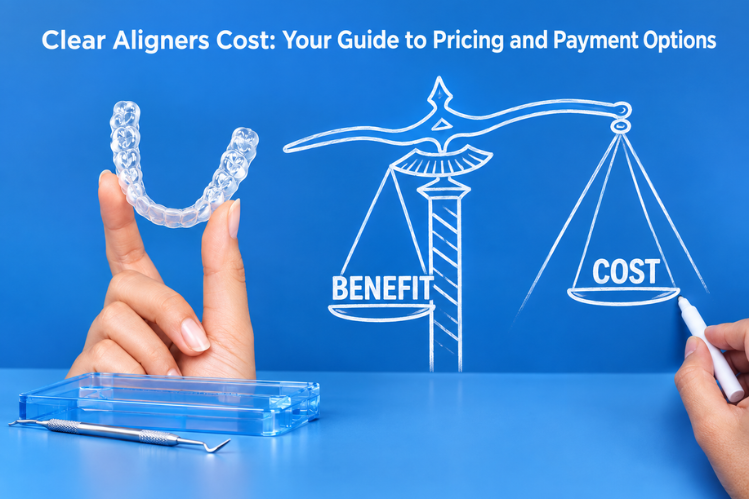Hand holding a clear aligner beside a cost and benefit balance scale