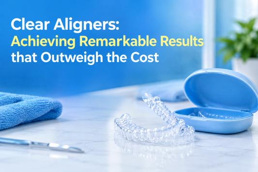 Clear aligners next to an open blue storage case