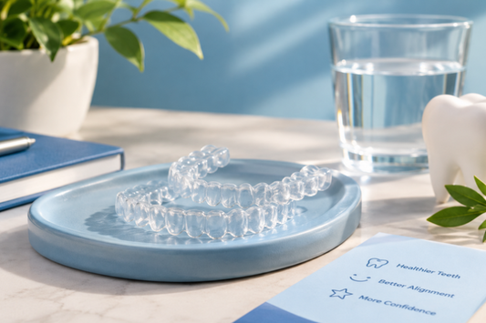 Clear aligners on a blue tray beside a glass of water