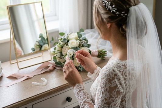 Bride holding a clear aligner while getting ready for her wedding